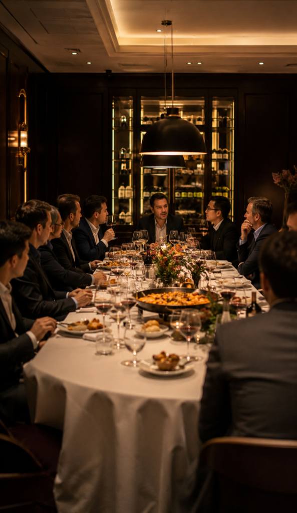 An intimate business dinner with Spanish dishes in a warmly lit private setting.